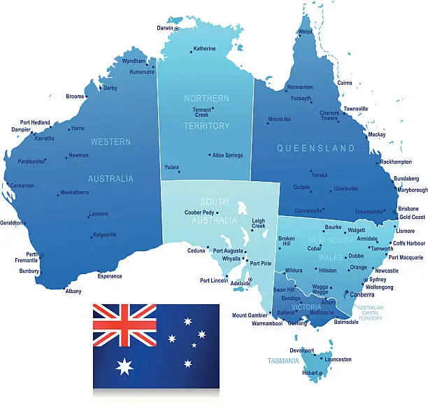 Vector illustration of Map of Australia - states, cities and flag