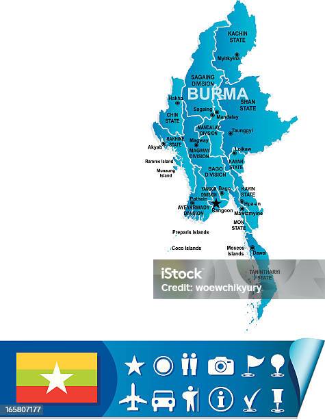 Vetores de A Birmânia Mapa e mais imagens de Azul - Azul, Bandeira, Contorno