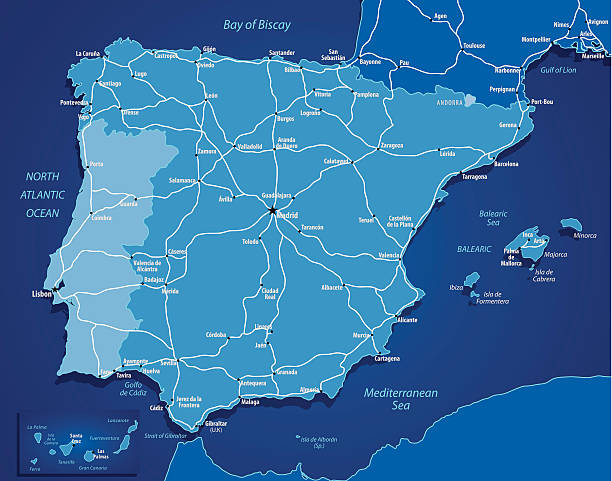 Map Of Spain - Blue Vector illustration of map of Spain. File divided on andorra map stock illustrations