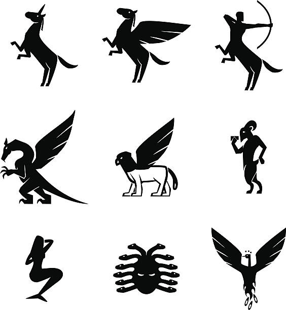 mitycznych zestaw ikon zwierząt - pegasus horse symbol mythology stock illustrations