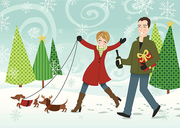 Walking in a winter wonderland with dogs vector art illustration