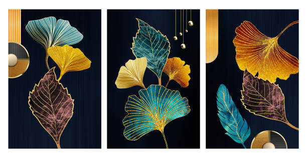 istock floral functional canvas art, ginko leaves, feathers and tree branches watercolor geode painting. marbled wavy shapes on dark blue marble background. 1658073172