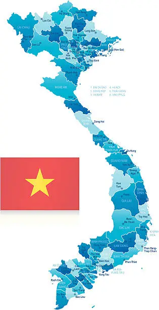 Vector illustration of Map of Vietnam - states, cities and flag