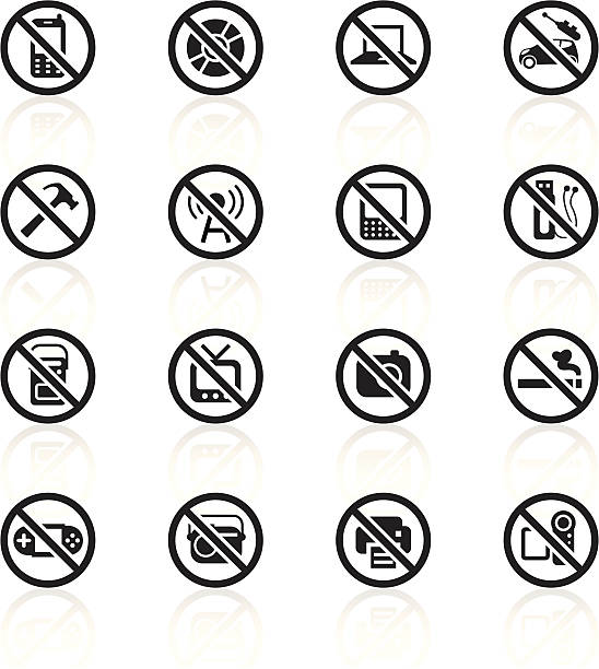 Black Symbols - Airplane On Board Restrictions Illustration containing different airplane on board restrictions related icons. personal compact disc player stock illustrations