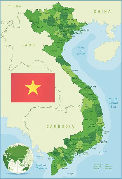 Vector illustration of Green Map of Vietnam - states, cities and flag