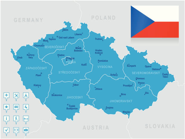 illustrazioni stock, clip art, cartoni animati e icone di tendenza di mappa della repubblica ceca-membri, città, bandiera, icone di navigazione - repubblica ceca