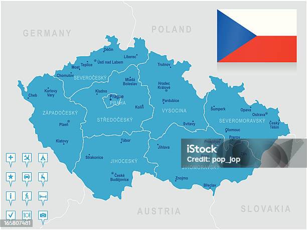 Карта Чешская Республикаштатах Городах Флаг Навигации Иконки — стоковая векторная графика и другие изображения на тему Чехия