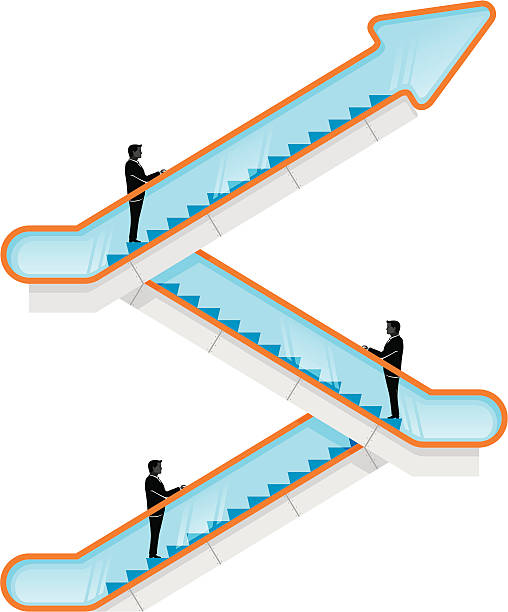 ilustraciones, imágenes clip art, dibujos animados e iconos de stock de escalera mecánica de negocios - escalator steps staircase following