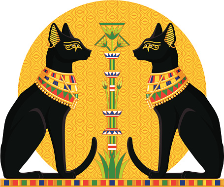 Illustration of black Egyptian cats with papyrus.