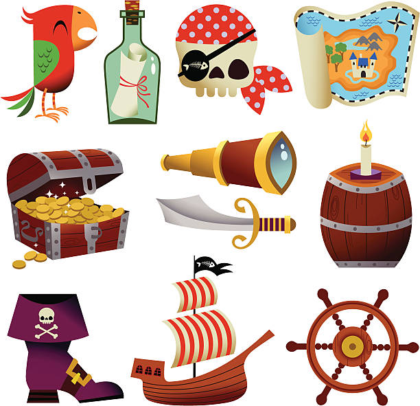 ilustraciones, imágenes clip art, dibujos animados e iconos de stock de pirate iconos. - mapas de tesoros