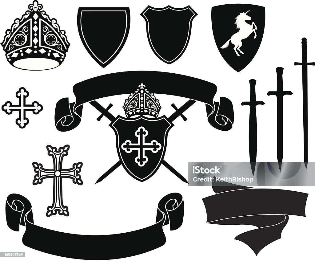 Crests-shields, cruce, banners, unicorn y swords - arte vectorial de Unicornio libre de derechos