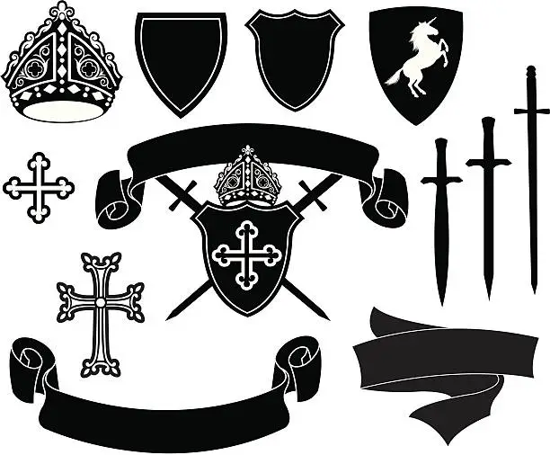 Vector illustration of Crests - shields, cross, banners, unicorn and swords