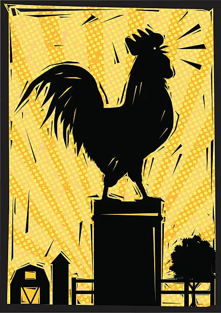 Vector illustration of Crowing Rooster In The Farmyard