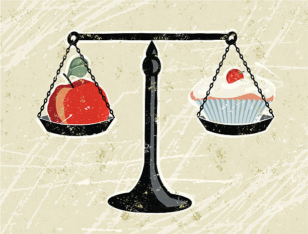 Apple and Cupcake Being Weighed on Scales Balanced Diet A stylized vector cartoon of an apple and a cup cake being weighed on scales, reminiscent of an old screen print poster and suggesting healthy eating, diet, an apple a day, choice or opposites. Apple, Scales, Cake, paper texture, and background are on different layers for easy editing. Please note: clipping paths have been used, an eps version is included without the path. vintage kitchen scale with fruit stock illustrations