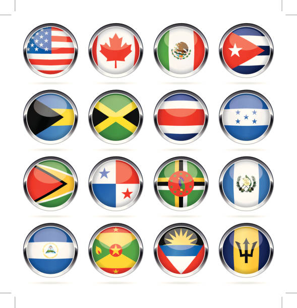 runde flag icon-kollektion – nord- und mittelamerika - barbados flag illustrations stock-grafiken, -clipart, -cartoons und -symbole