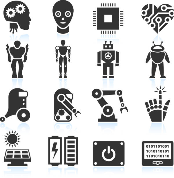 ilustraciones, imágenes clip art, dibujos animados e iconos de stock de futurista robótica y artificiales inteligencia & conjunto de iconos en blanco y negro - human hand digitally generated image energy green