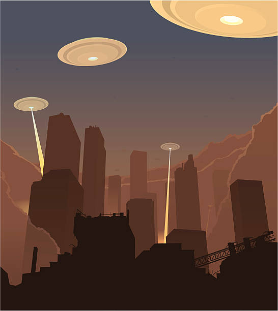 UFO attack Flying saucers laying waste to city alien invasion stock illustrations