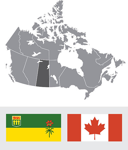 ilustraciones, imágenes clip art, dibujos animados e iconos de stock de saskatchewan, canadá bandera y mapa - saskatchewan province canada flag