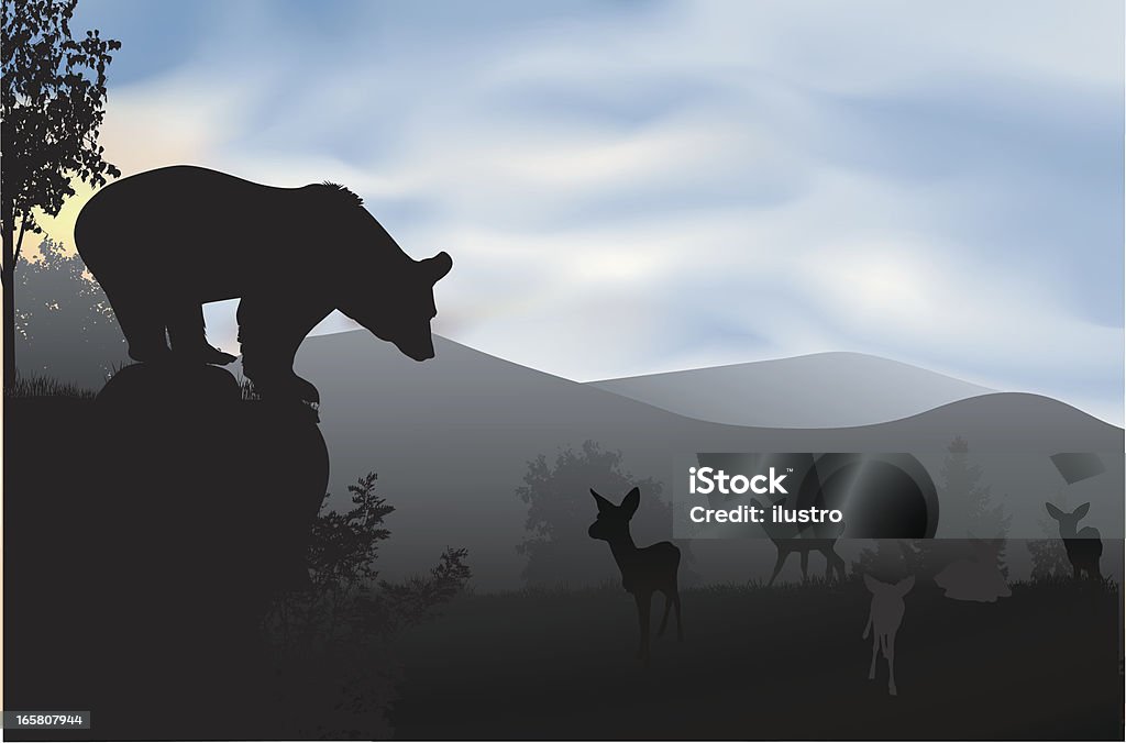 The natural balance Family fawns and bear in wait. In Silhouette stock vector