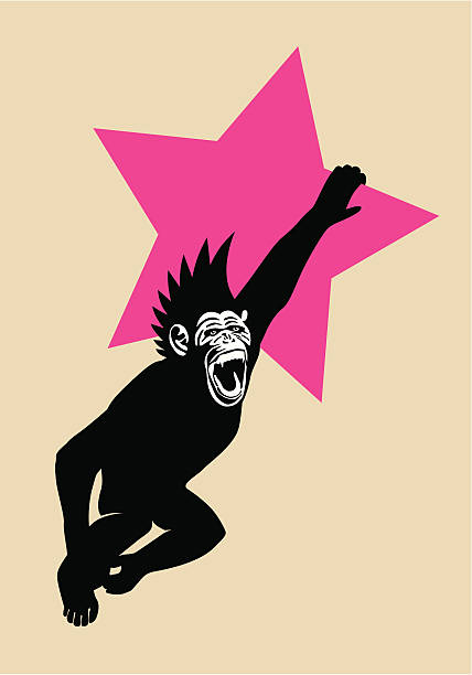 The Year of The Monkey Chimp Hanging from Red Star Chimpanzee monkey open mouth as to shout hanging swinging on a sparkling red star holiday festive mood fire danger metal gold wind water wisdom smart naughty wily vigilant animal quick change competition challenge sign character of the Red Monkey in the Chinese Zodiac. Original artwork vertical rectangular on beige background. punk rock stock illustrations