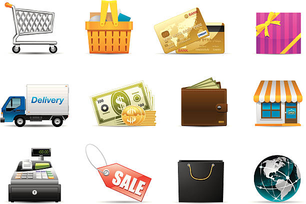 ilustraciones, imágenes clip art, dibujos animados e iconos de stock de e-commerce iconos/serie clásico - cash register wealth coin currency