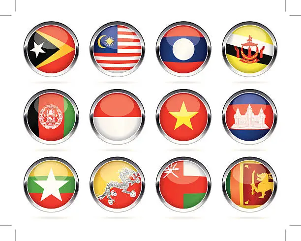 Vector illustration of Round Chrome Flag Icon Collection - Asia