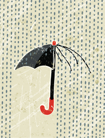 A breach in the defenses!! A stylized vector cartoon of a broken umbrella in the rain, reminiscent of an old screen print poster and suggesting protection, insecurity,dividing line,being unprepared or insurance. Umbrella, Rain, paper texture, and background are on different layers for easy editing. Please note: clipping paths have been used, an eps version is included without the path.