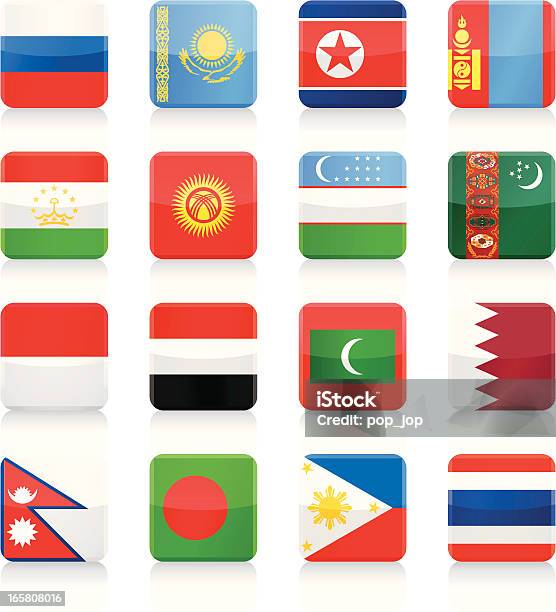 Квадратный Значок Коллекции Азия — стоковая векторная графика и другие изображения на тему Flag Of Bangladesh - Flag Of Bangladesh, Mongolian Flag, Без людей