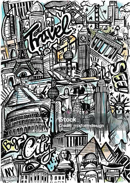 World Travel Sketch Stock Illustration - Download Image Now - Art, Painted Image, Doodle
