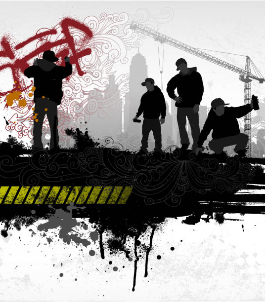 Abstract urban design of silhouettes spray painting graffiti Urban scene vandalism stock illustrations