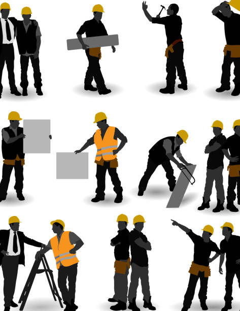 ilustraciones, imágenes clip art, dibujos animados e iconos de stock de trabajadores de la construcción - maintenance engineer work tool hammer instrument of measurement