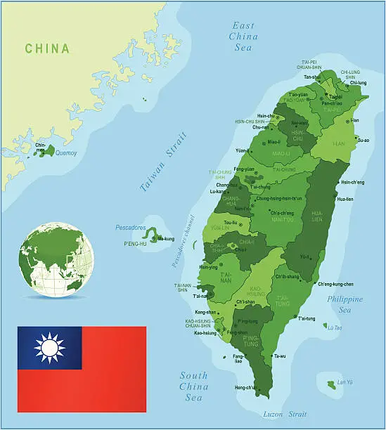 Vector illustration of Green Map of Taiwan - states, cities and flag