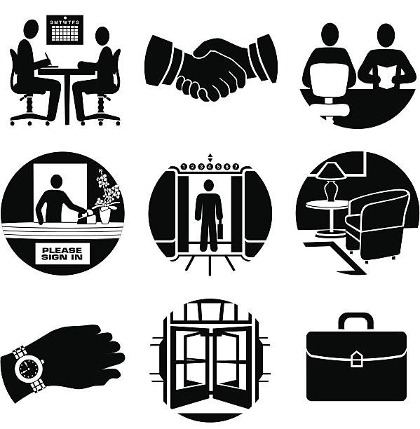 the interview Vector icons with a job interview or client meeting theme. interview event silhouettes stock illustrations