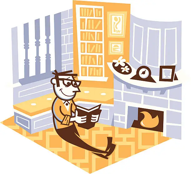 Vector illustration of man reading in his study room