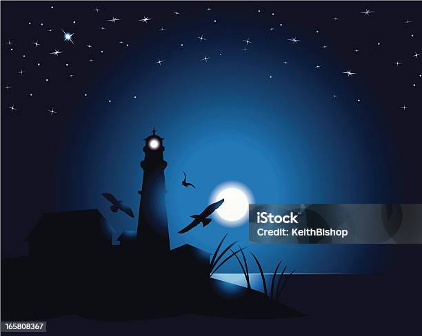 Lighthouse Background Under The Moonlight Stock Illustration - Download Image Now - In Silhouette, Lighthouse, Bird
