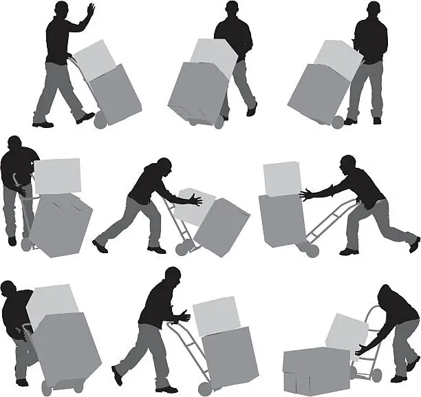 Vector illustration of Man carrying cardboard boxes in a warehouse