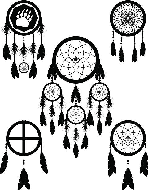 illustrazioni stock, clip art, cartoni animati e icone di tendenza di nativo americano indiano acchiappasogni illustrazione vettoriale silhouette collezione - dreamcatcher