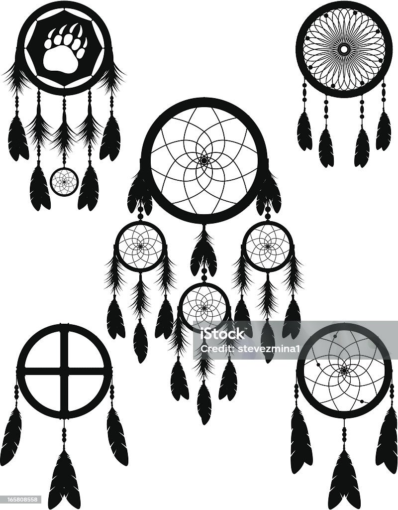 Native American Indian Dream Catcher Vector Illustration Silhouette Collection A collection of 5 Native American Indian dream catchers.  They are vector illustrations that are all black silhouettes.  Each illustration is different and uses native American imagery such as a medicine wheel, feathers and beads that are associated with Native American culture. Indigenous Peoples of the Americas stock vector