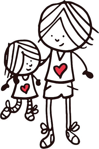stockillustraties, clipart, cartoons en iconen met brother and sister doodle sketch with red heart shape - broer en zus