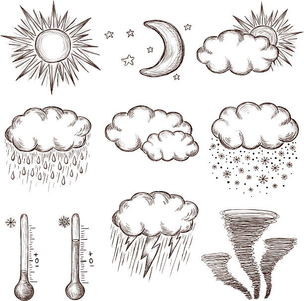 ilustraciones, imágenes clip art, dibujos animados e iconos de stock de clima iconos dibujados a mano. - cloud drawing heat cold