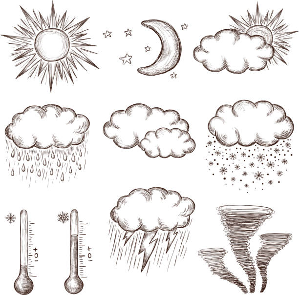 illustrations, cliparts, dessins animés et icônes de icônes météo dessinés à la main. - storm cloud storm lightning cloud