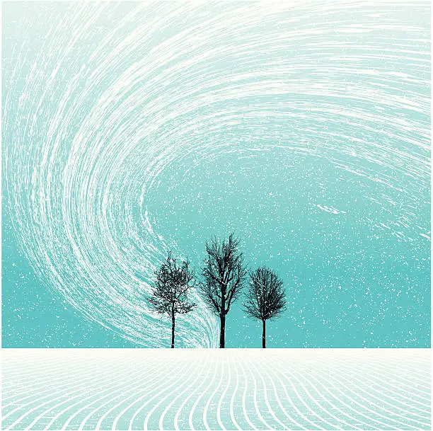 Vector illustration of winter landscape with trees and blizzard