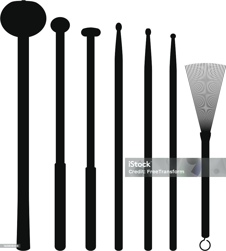 Drumsticks "Sticks, beaters and brush for drums. Silhouettes. Vector file - will scale to any size without loss of quality." Drumstick stock vector