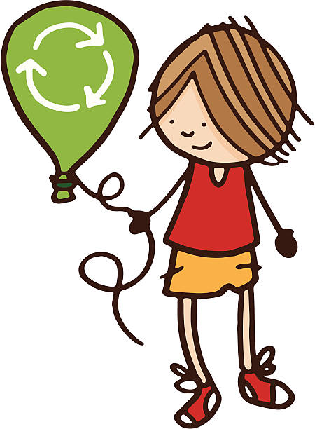 Boy holding a green balloon vector art illustration
