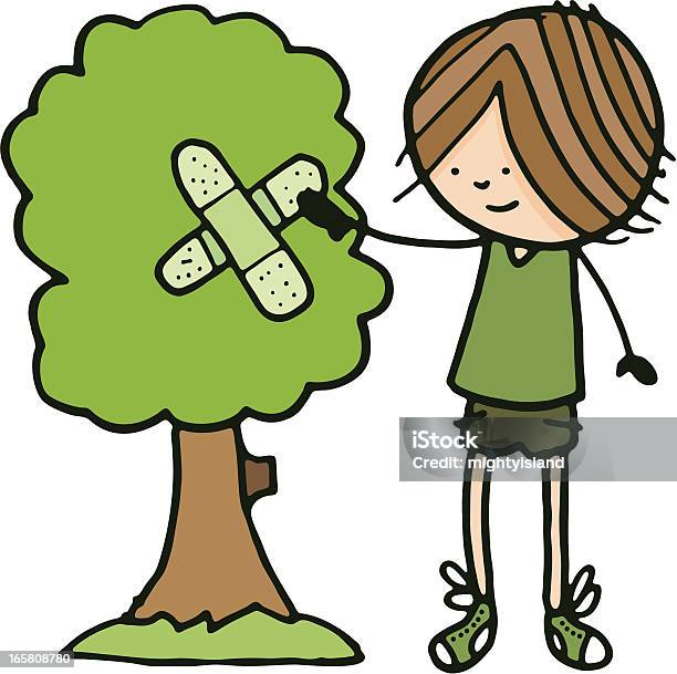 남자아이 Mending 나무 석고 개념에 대한 스톡 벡터 아트 및 기타 이미지 - 개념, 개념과 주제, 나무