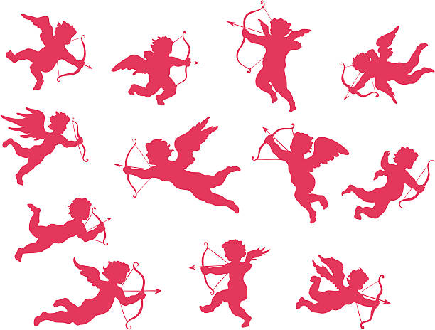 Cupid silhouettes "Set of 12 cupid, cherub silhouettes." arrow bow and arrow illustrations stock illustrations