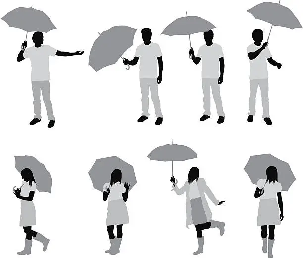 Vector illustration of Silhouette of people with umbrellas
