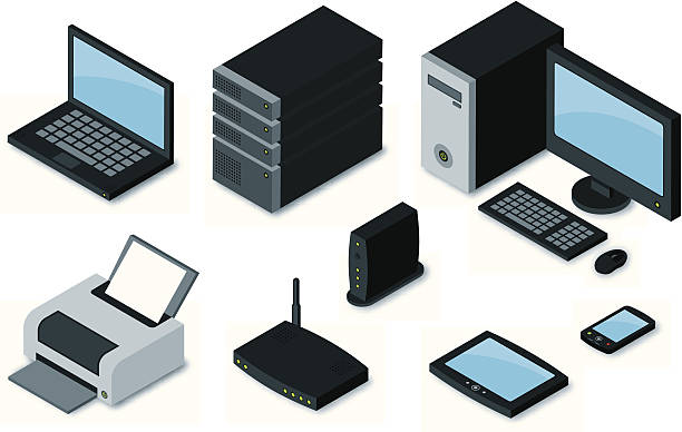 Computer Equipment Icons Isometric computer network electronics. Gradients used. All colors are global. desktop pc stock illustrations
