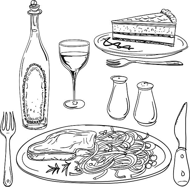 ilustrações de stock, clip art, desenhos animados e ícones de banquete ilustração a preto e branco - white background container silverware dishware