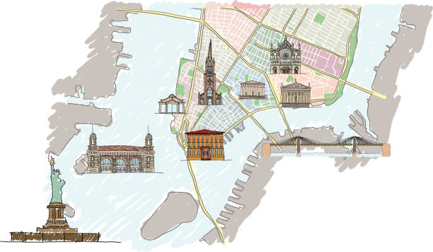 Lower Manhattan map with buildings Lower Manhattan map with buildings sketch illustration, Statue of Liberty, India house, Ellis island, Federal hall,Battery park subway entrance, Trinity church, Eldridge synagogue, Supreme courthouse, Brooklyn bridge is drawn on their nearly real locations. pdf,png incl. brooklyn bridge drawing stock illustrations